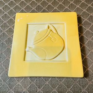 Vintage Made in Portugal Yellow Ceramic Happy Cozy Trivet Hot Plate Tea Kettle